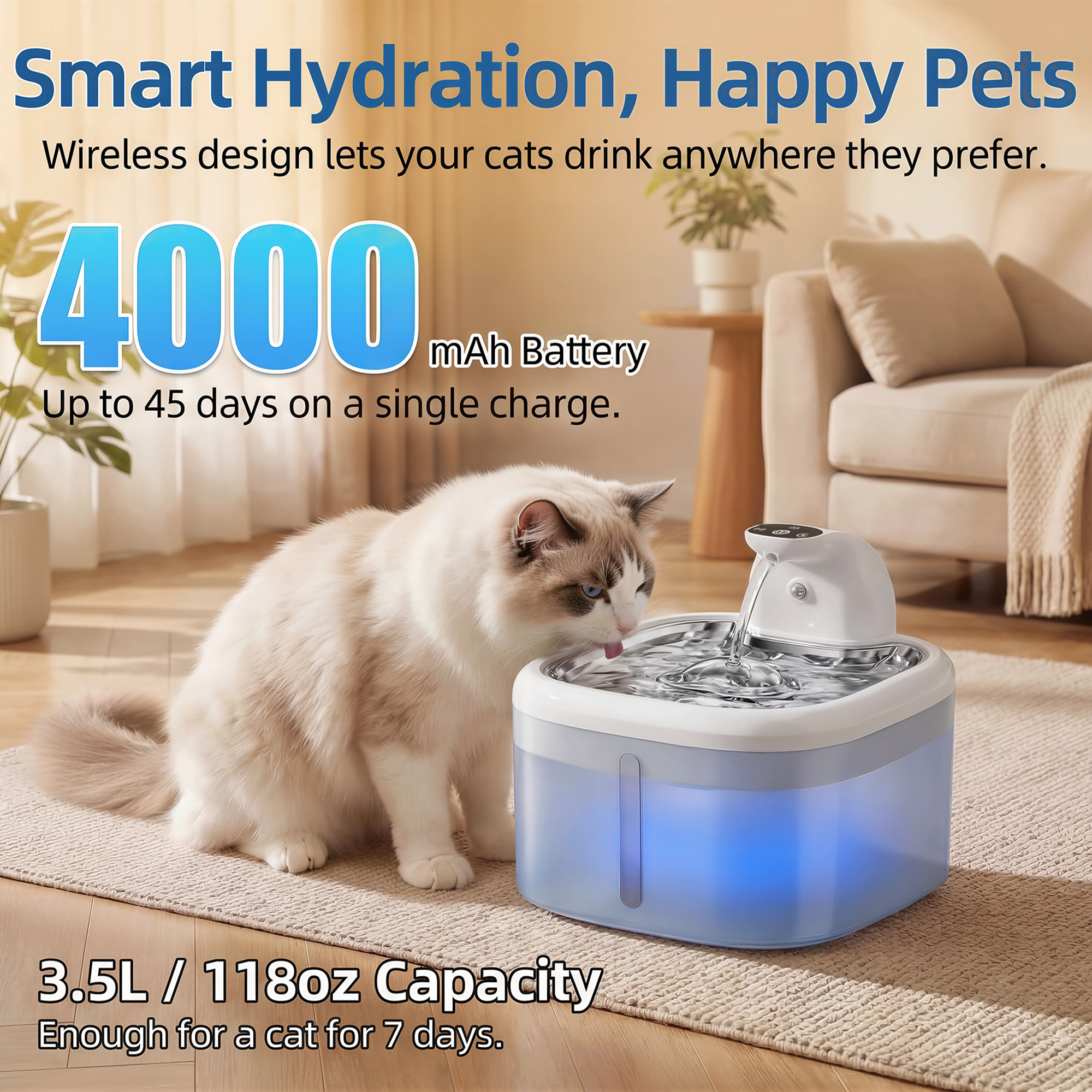 Home Smart Kettle - 3.5L Wireless Cat Water Fountain Smart